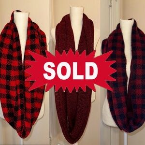 Bundle of 3 Women’s Infinity Scarves, Express, Black & Red, Blue & Red